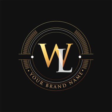 İlk harf logosu WL altın ve beyaz renk, damga ve daire nesnesi ile, şirket kimliğiniz veya şirket kimliğiniz için vektör logosu şablonu unsurları.