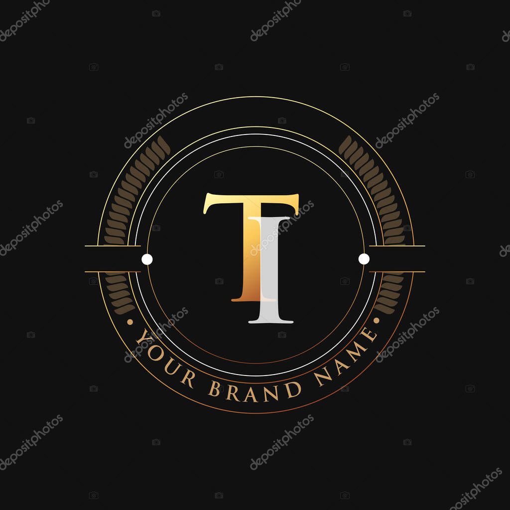 Initial letter logo TI gold and white color, with stamp and circle object, Vector logo design template elements for your business or company identity.