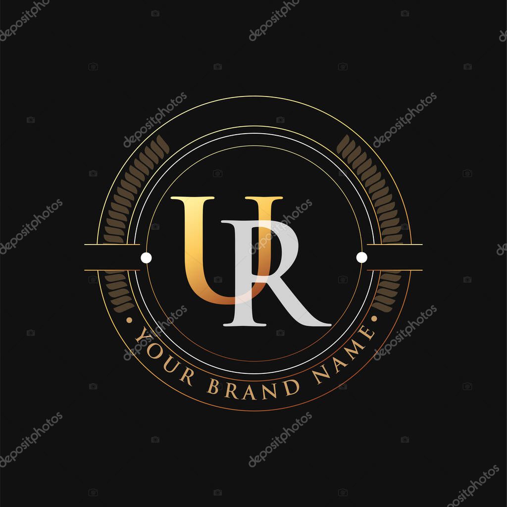 Initial letter logo UR gold and white color, with stamp and circle object, Vector logo design template elements for your business or company identity.
