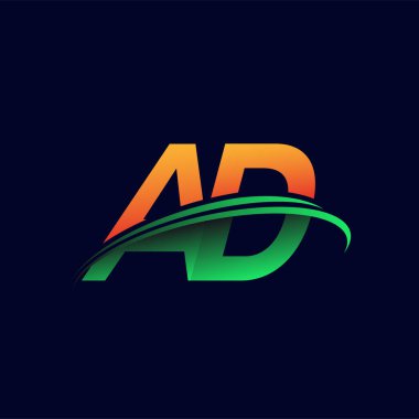 İlk logo AD şirketinin adı turuncu ve yeşil renklendirme, koyu arka planda izole edilmiş. iş ve şirket kimliği için vektör logosu.