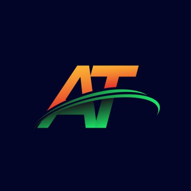 İlk logo AT şirketinin adı turuncu ve yeşil renklendirme, koyu arka planda izole edilmiş. iş ve şirket kimliği için vektör logosu.