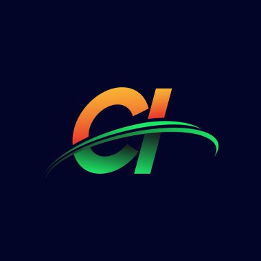 İlk logo CI şirketi adı turuncu ve yeşil Swoosh tasarımı, koyu arka planda izole edilmiş. iş ve şirket kimliği için vektör logosu.