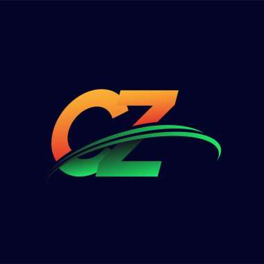 İlk logo CZ şirketinin adı turuncu ve yeşil Swoosh tasarımı, koyu arka planda izole edilmiş. iş ve şirket kimliği için vektör logosu.