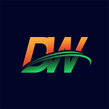 İlk logo DW şirketinin adı turuncu ve yeşil Swoosh tasarımı, koyu arka planda izole edilmiş. iş ve şirket kimliği için vektör logosu.