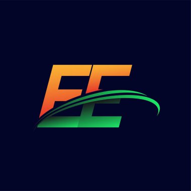 İlk logo EE şirketinin adı turuncu ve yeşil renkli, koyu arkaplanda izole edilmiş. iş ve şirket kimliği için vektör logosu.