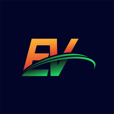 İlk logo EV şirketi adı turuncu ve yeşil Swoosh tasarımı, koyu arka planda izole edilmiş. iş ve şirket kimliği için vektör logosu.