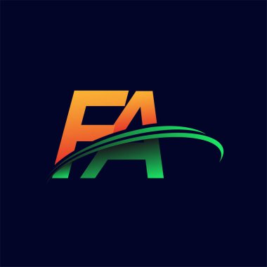 İlk logo FA şirketi lakabı turuncu ve yeşil Swoosh tasarımı, koyu arka planda izole edilmiş. iş ve şirket kimliği için vektör logosu.