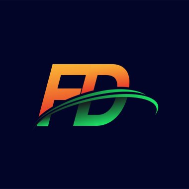İlk logo FD şirketinin adı turuncu ve yeşil Swoosh tasarımı, koyu arka planda izole edilmiş. iş ve şirket kimliği için vektör logosu.