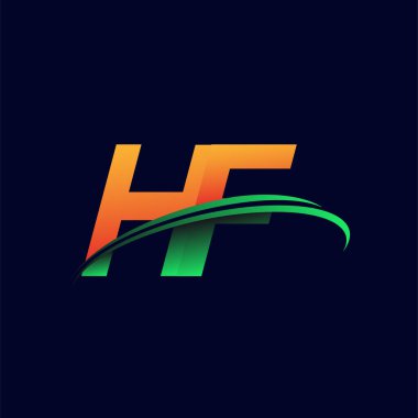 İlk logo HF şirketinin adı turuncu ve yeşil Swoosh tasarımı, koyu arka planda izole edilmiş. iş ve şirket kimliği için vektör logosu.