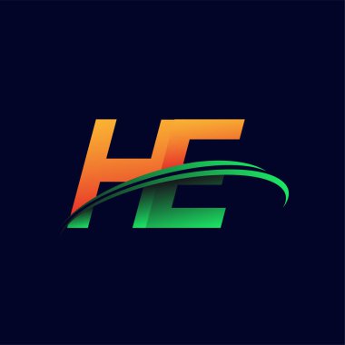 İlk logo HE şirketinin adı turuncu ve yeşil renklendirme, koyu arka planda izole edilmiş. iş ve şirket kimliği için vektör logosu.