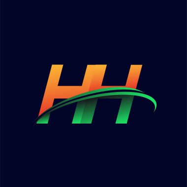İlk logo HH şirketinin adı turuncu ve yeşil Swoosh tasarımı, koyu arka planda izole edilmiş. iş ve şirket kimliği için vektör logosu.