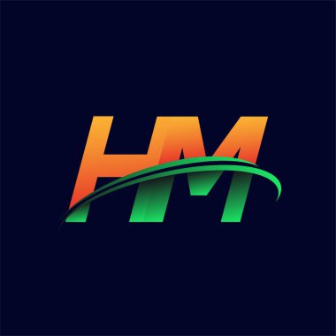 İlk logo HM şirketi adı turuncu ve yeşil Swoosh tasarımı, koyu arka planda izole edilmiş. iş ve şirket kimliği için vektör logosu.