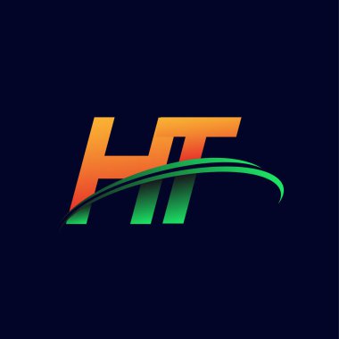 İlk logo HT şirketinin adı turuncu ve yeşil Swoosh tasarımı, koyu arka planda izole edilmiş. iş ve şirket kimliği için vektör logosu.