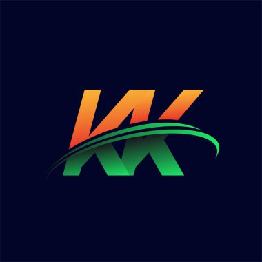 İlk logo KK şirketi adı turuncu ve yeşil renklendirilmiş, koyu arkaplanda izole edilmiş. iş ve şirket kimliği için vektör logosu.