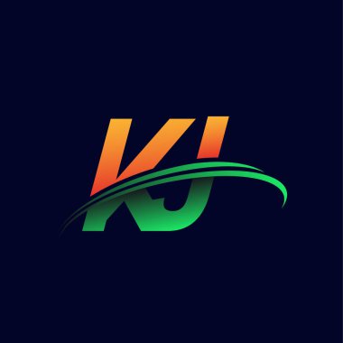 KJ firmasının ilk logosu koyu arkaplanda izole edilmiş turuncu ve yeşil renkli Swoosh tasarımı. iş ve şirket kimliği için vektör logosu.