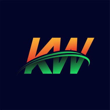 KW firmasının ilk logosu koyu arkaplanda izole edilmiş turuncu ve yeşil renkli Swoosh tasarımı. iş ve şirket kimliği için vektör logosu.