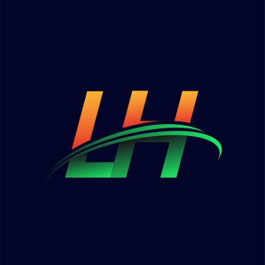 LH firmasının ilk logosu koyu arkaplanda izole edilmiş turuncu ve yeşil renkli Swoosh tasarımı. iş ve şirket kimliği için vektör logosu.