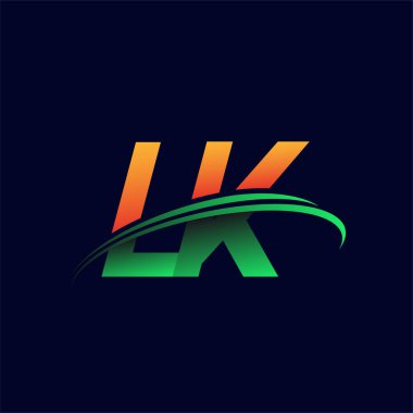 LK firmasının ilk logosu koyu arkaplanda izole edilmiş turuncu ve yeşil renkli Swoosh tasarımı. iş ve şirket kimliği için vektör logosu.