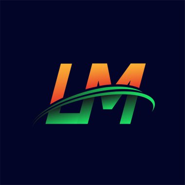 İlk logo LM şirketi adı turuncu ve yeşil renkli, koyu arkaplanda izole edilmiş. iş ve şirket kimliği için vektör logosu.