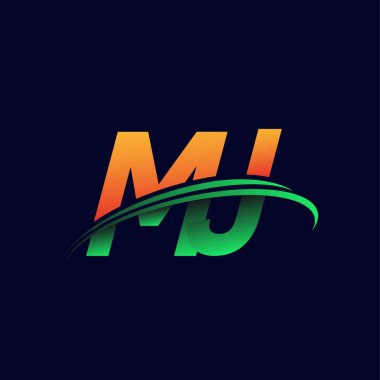İlk logo MJ şirketinin adı turuncu ve yeşil renkli, koyu arkaplanda izole edilmiş. iş ve şirket kimliği için vektör logosu.