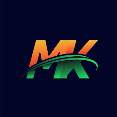 İlk logo MK şirketi adı turuncu ve yeşil renkli, koyu arkaplanda izole edilmiş. iş ve şirket kimliği için vektör logosu.