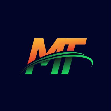 İlk logo MT şirketi adı turuncu ve yeşil Swoosh tasarımı, koyu arka planda izole edilmiş. iş ve şirket kimliği için vektör logosu.