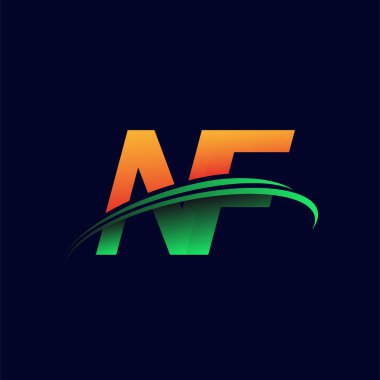 İlk logo NF şirketinin adı turuncu ve yeşil Swoosh tasarımı, koyu arka planda izole edilmiş. iş ve şirket kimliği için vektör logosu.