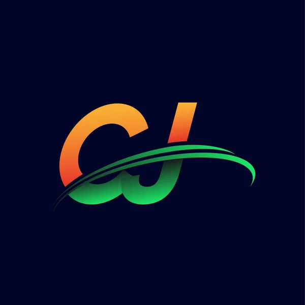 最初的标识Cj公司的名称彩色橙色和绿色Swoosh设计 隔离在黑暗的背景 企业和公司标识的矢量标识 — 图库矢量图片