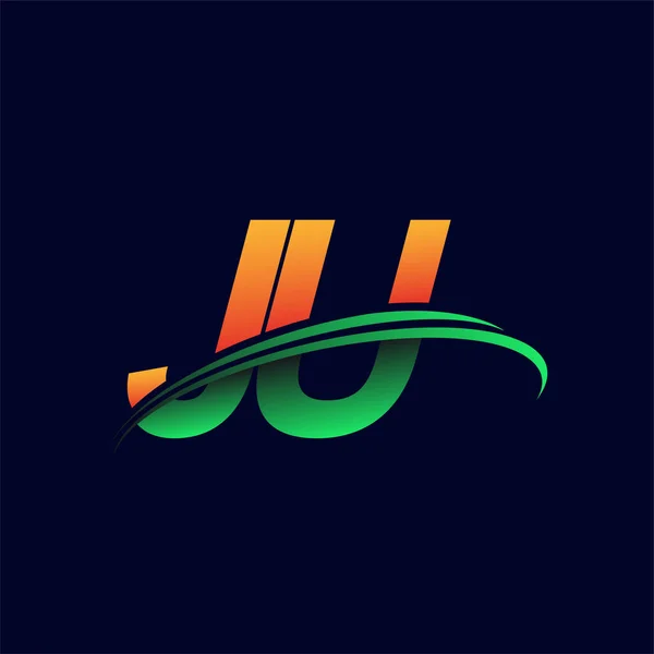 最初的标识Ju公司的名称为彩色橙色和绿色的Swoosh设计 隔离在黑暗的背景 企业和公司标识的矢量标识 — 图库矢量图片