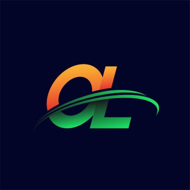 İlk logo OL şirketinin adı turuncu ve yeşil Swoosh tasarımı, koyu arka planda izole edilmiş. iş ve şirket kimliği için vektör logosu.