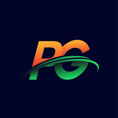 Başlangıçta PG şirketinin adı turuncu ve yeşil renkliydi, koyu arkaplanda izole edilmişti. iş ve şirket kimliği için vektör logosu.