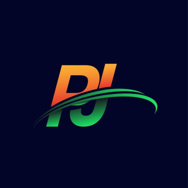 İlk logo PJ şirketinin adı turuncu ve yeşil Swoosh tasarımı, koyu arka planda izole edilmiş. iş ve şirket kimliği için vektör logosu.
