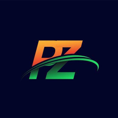 İlk logo PZ şirketinin adı turuncu ve yeşil Swoosh tasarımı, koyu arka planda izole edilmiş. iş ve şirket kimliği için vektör logosu.