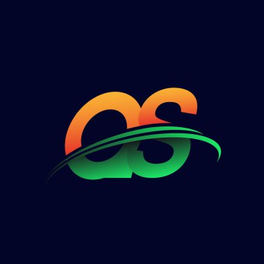 İlk logo QS şirketinin adı turuncu ve yeşil renkli, koyu arkaplanda izole edilmiş. iş ve şirket kimliği için vektör logosu.