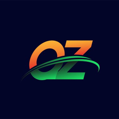 İlk logo QZ şirketinin adı turuncu ve yeşil Swoosh tasarımı, koyu arka planda izole edilmiş. iş ve şirket kimliği için vektör logosu.