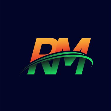 İlk logo RM şirketi adı turuncu ve yeşil Swoosh tasarımı, koyu arka planda izole edilmiş. iş ve şirket kimliği için vektör logosu.