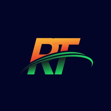İlk logo RT şirketi adı turuncu ve yeşil Swoosh tasarımı, koyu arka planda izole edilmiş. iş ve şirket kimliği için vektör logosu.