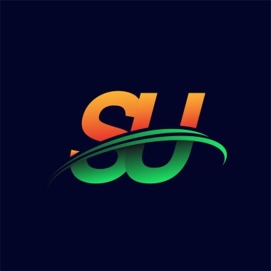 İlk logo SU şirketi adı turuncu ve yeşil Swoosh tasarımı, koyu arka planda izole edilmiş. iş ve şirket kimliği için vektör logosu.