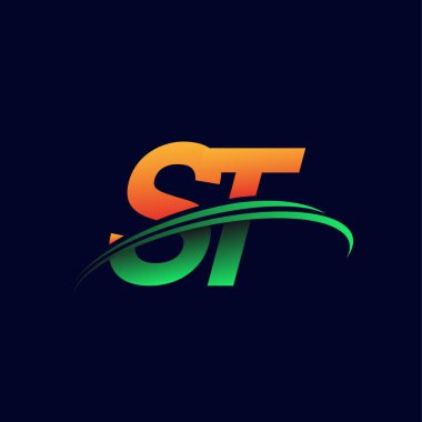 İlk logo ST şirketi adı turuncu ve yeşil Swoosh tasarımı, koyu arka planda izole edilmiş. iş ve şirket kimliği için vektör logosu.