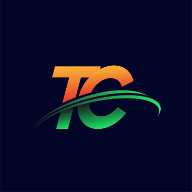 İlk logo TC şirketinin adı turuncu ve yeşil Swoosh tasarımı, koyu arka planda izole edilmiş. iş ve şirket kimliği için vektör logosu.