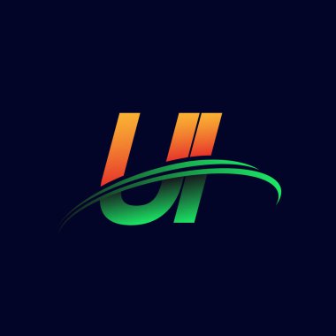 İlk logo UI şirketi adı turuncu ve yeşil Swoosh tasarımı, koyu arka planda izole edilmiş. iş ve şirket kimliği için vektör logosu.