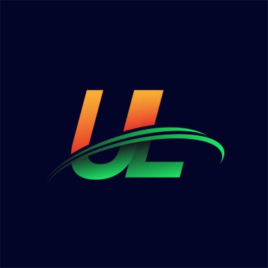 İlk logo UL şirketinin adı turuncu ve yeşil renkli, koyu arkaplanda izole edilmiş. iş ve şirket kimliği için vektör logosu.