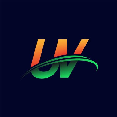İlk logo UV şirketinin adı turuncu ve yeşil Swoosh tasarımı, koyu arka planda izole edilmiş. iş ve şirket kimliği için vektör logosu.