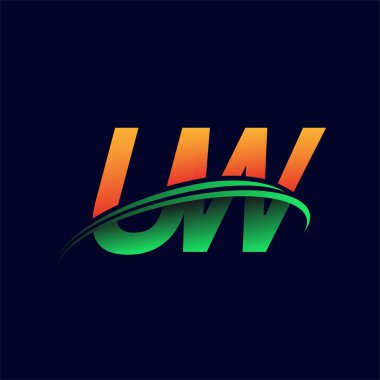 İlk logo UW şirketinin adı turuncu ve yeşil renkli, koyu arkaplanda izole edilmiş. iş ve şirket kimliği için vektör logosu.