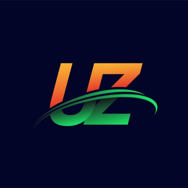 İlk logo UZ şirketi adı turuncu ve yeşil Swoosh tasarımı, koyu arka planda izole edilmiş. iş ve şirket kimliği için vektör logosu.