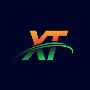 İlk logo XT şirketi adı turuncu ve yeşil Swoosh tasarımı, koyu arka planda izole edilmiş. iş ve şirket kimliği için vektör logosu.