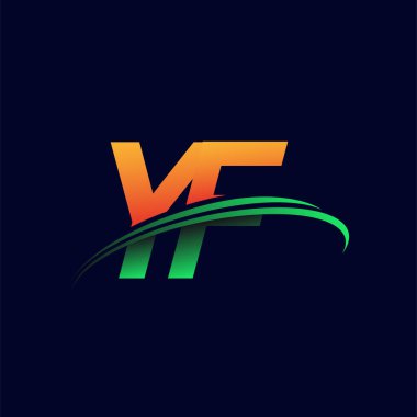 İlk logo YF şirketinin adı turuncu ve yeşil Swoosh tasarımı, koyu arka planda izole edilmiş. iş ve şirket kimliği için vektör logosu.
