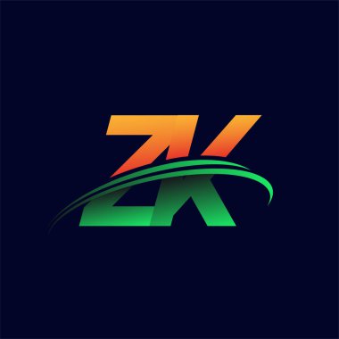 İlk logo ZK şirketi adı turuncu ve yeşil Swoosh tasarımı, koyu arka planda izole edilmiş. iş ve şirket kimliği için vektör logosu.