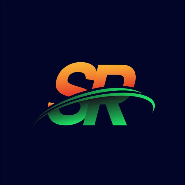 最初的标志Sr公司的名称彩色橙色和绿色的Swoosh设计 隔离在黑暗的背景 企业和公司标识的矢量标识 — 图库矢量图片