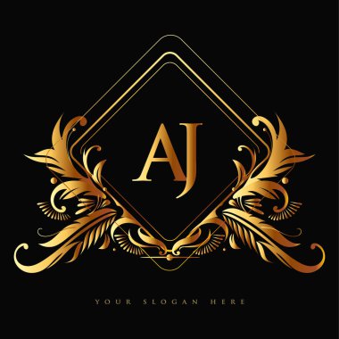 İlk logo harfi AJ. Süslü ve klasik desenli altın rengi var. İş ve şirket kimliği için vektör logosu..